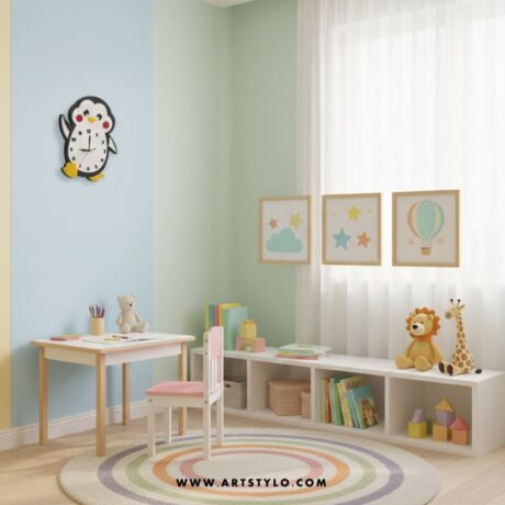 Penguin Wall Clock in vibrant colors for kids room
