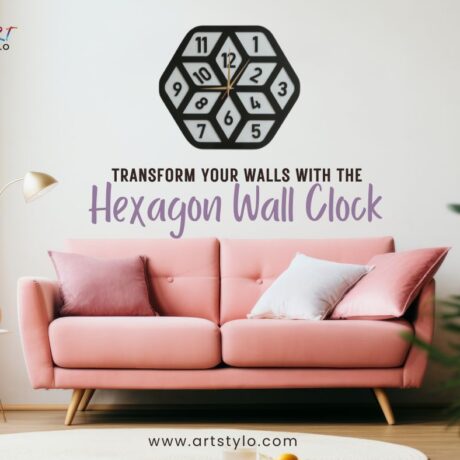 Hexagon Wall Clock front view in gray and black