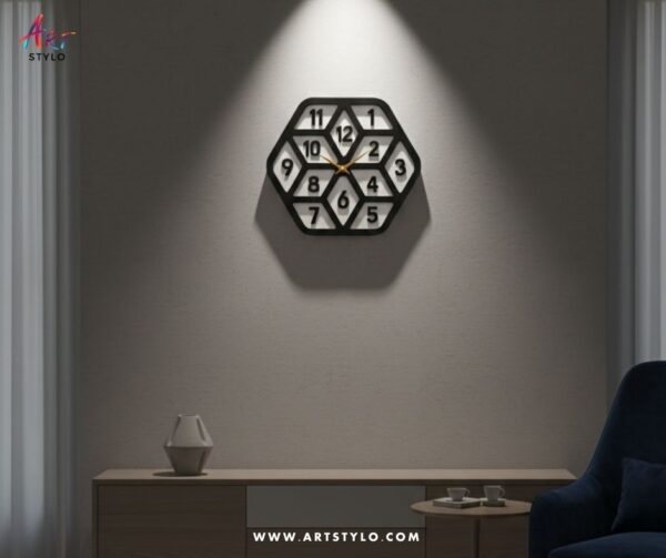 Hexagon Wall Clock hanging on living room wall