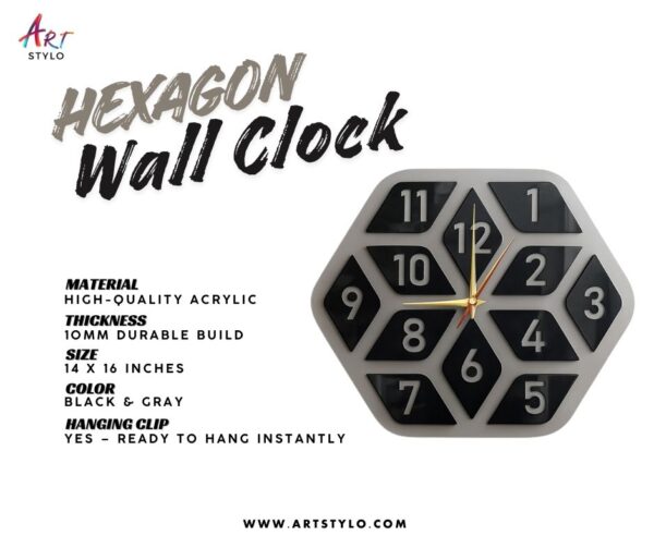 Premium Acrylic Hexagon Wall Clock hanging on wall décor setup