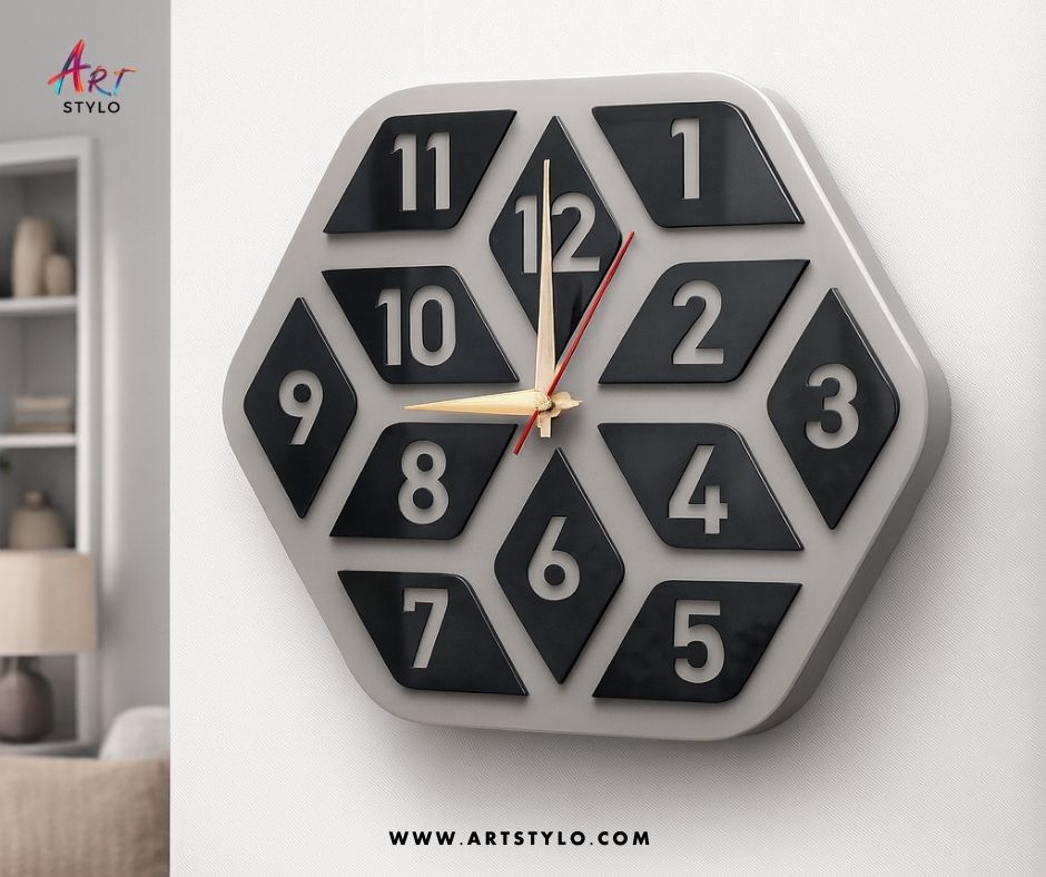 Side angle of Premium Acrylic Hexagon Wall Clock showing 10mm thickness