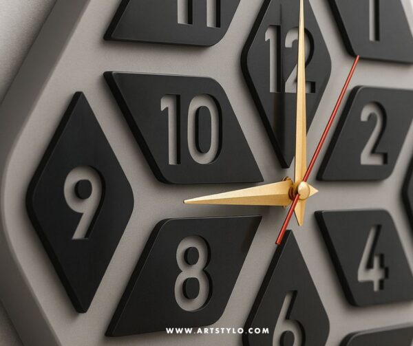 Premium Acrylic Hexagon Wall Clock front view in gray and black