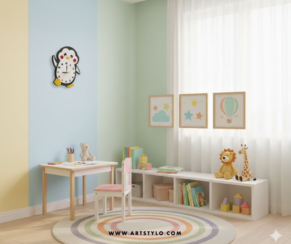 Penguin Wall Clock in vibrant colors for kids room