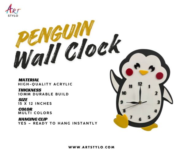Close-up of Penguin Wall Clock showing colorful details