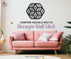 Hexagon Wall Clock front view in gray and black