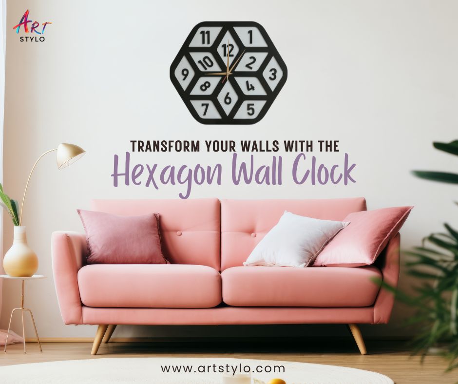 Hexagon Wall Clock front view in gray and black