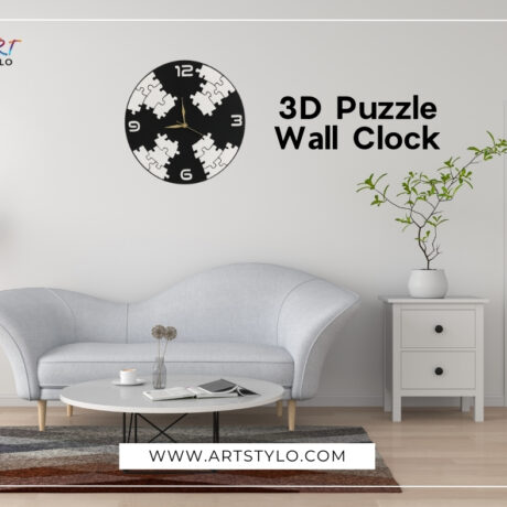 3D puzzle wall clock made of black and white acrylic with raised puzzle design