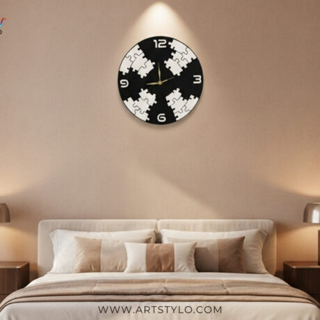Artistic acrylic puzzle wall clock with 3D raised elements and gold hands