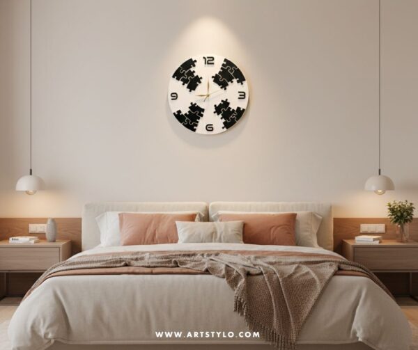 Modern puzzle-style round wall clock ready to hang