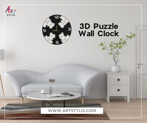 3D puzzle wall clock made of black and white acrylic with raised puzzle design