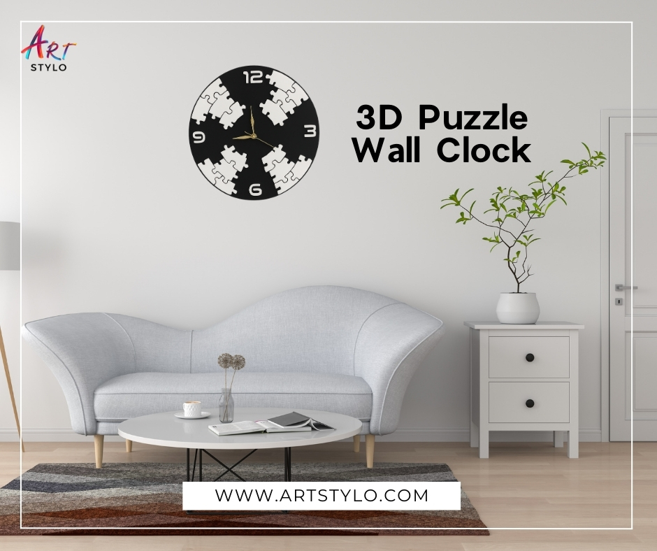 3D puzzle wall clock made of black and white acrylic with raised puzzle design