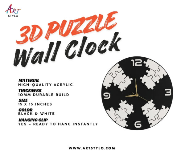 Close-up of black and white acrylic 3D puzzle wall clock with raised numbers