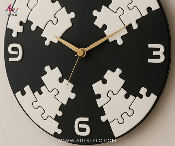 Modern decorative wall clock with 3D puzzle design in black and white finish