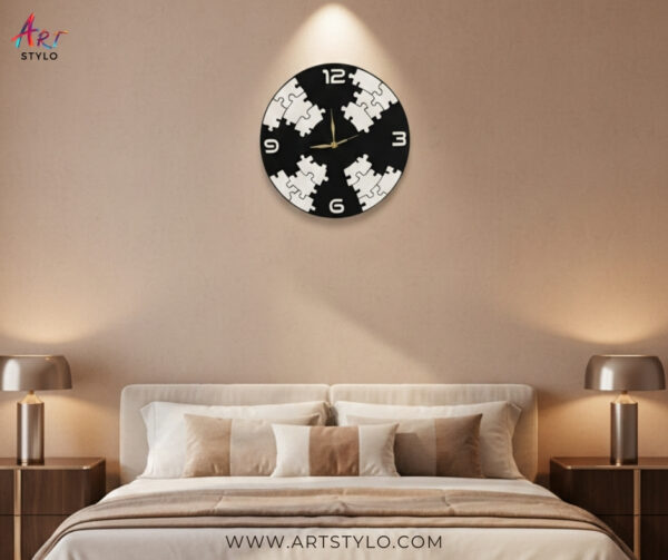 Artistic acrylic puzzle wall clock with 3D raised elements and gold hands