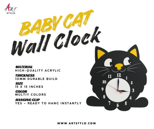 Acrylic cat-shaped wall clock for kids’ room décor