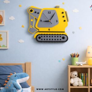 Excavator wall clock for kids room acrylic design