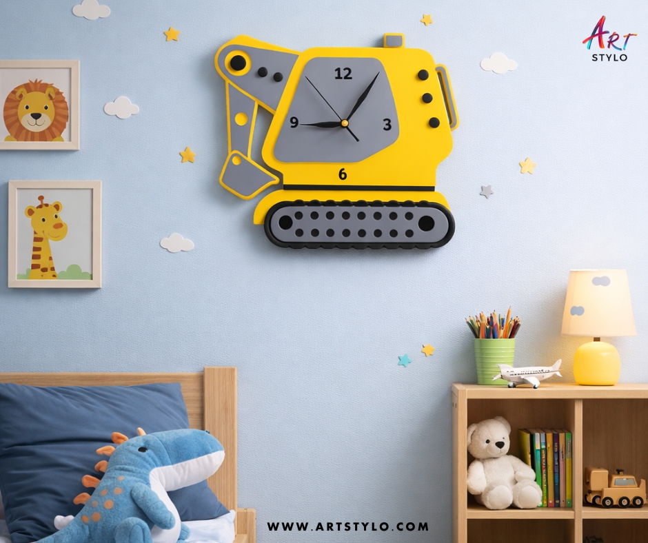 Excavator wall clock for kids room acrylic design