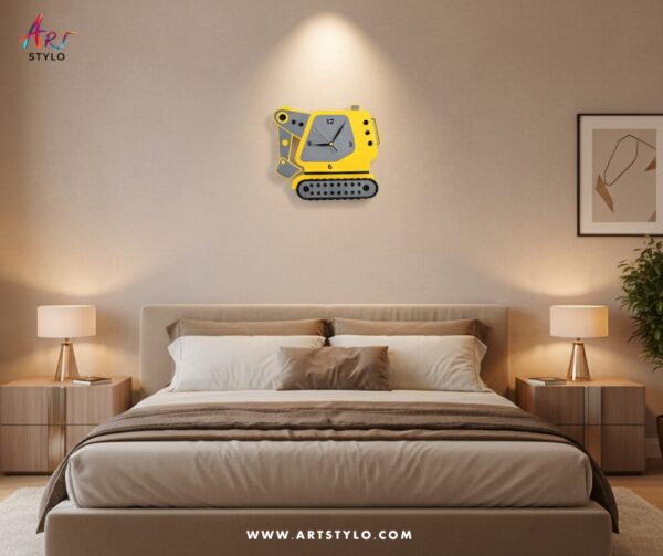 Kids excavator wall clock close-up acrylic finish